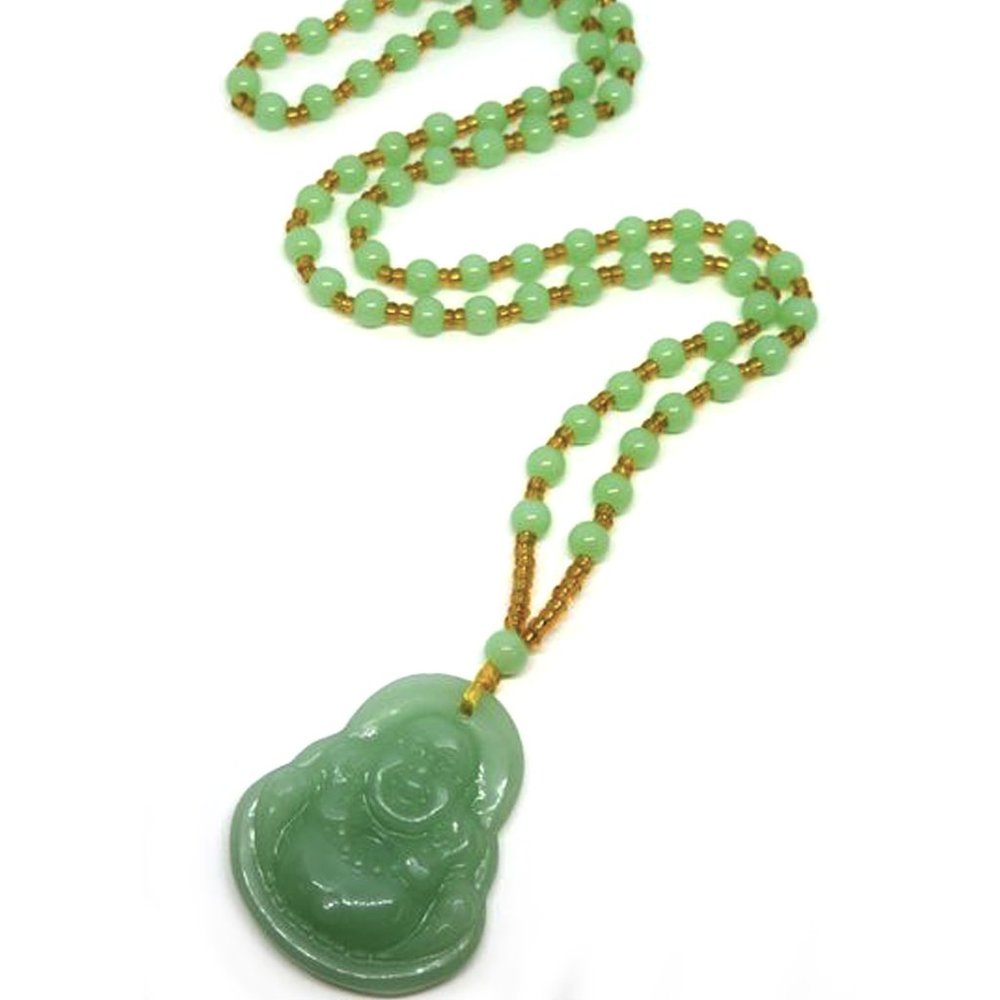 Vintage Green Jade Bead & Pendant Necklace 24" L